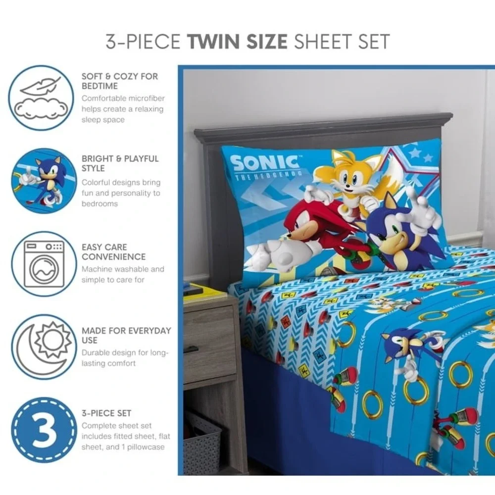 2024 Sonic the Hedgehog 3‎ Piece Sheet Set Twin Blue Microfiber Kids Bedding NEW